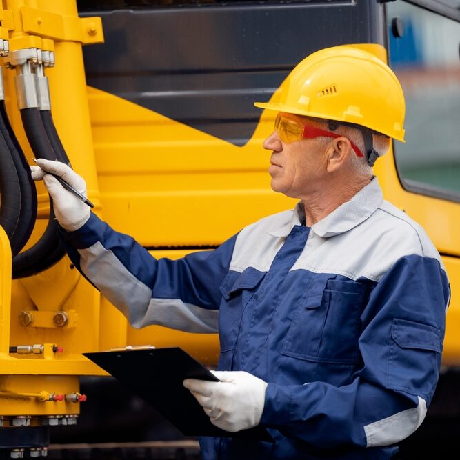 Driver,Mechanic,Checks,Hydraulic,Hoses,Of,Excavator.,Man,In,Hard Driver,Mechanic,Checks,Hydraulic,Hoses,Of,Excavator.,Man,In,Hard